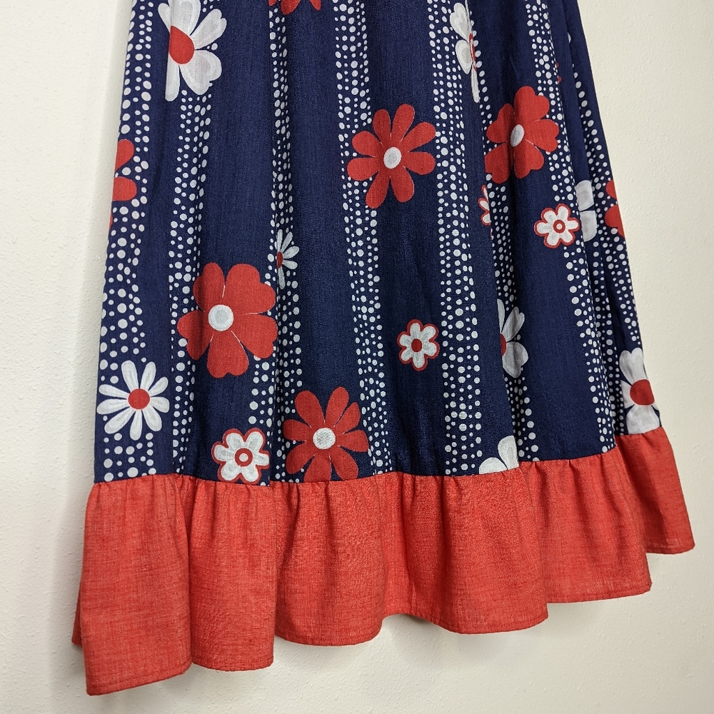 Vintage 70s Handmade Red White Blue Flower Power Maxi Skirt - Picture 6 of 10